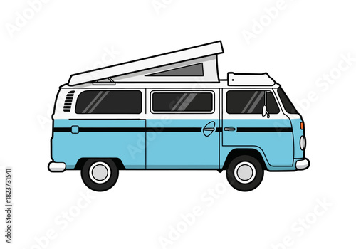 Illustrated Blue and White Camper Van with Pop-Up Roof.