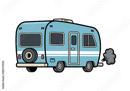 Cartoon Blue Camper with Exhaust Smoke Illustration.