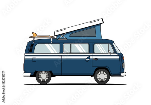 Blue Camper Van with Surfboard and Pop-Up Roof Illustration.