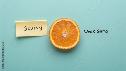 Orange slice with note illustrating the concept of scurvy