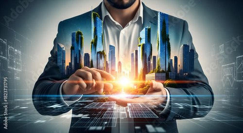 Visionary architect presenting sustainable city concept with solar energy and green buildings, showcasing future urban innovation and environmental responsibility for eco-friendly designs