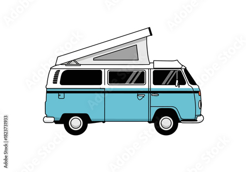 Illustration of a Blue and White Volkswagen Camper Van with Pop-Up Roof.