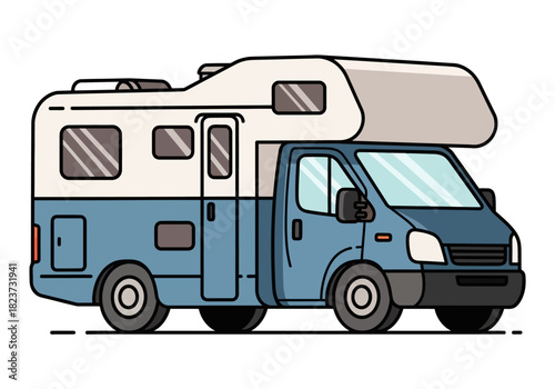 Blue and White Cartoon Motorhome with Black Outlines.
