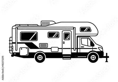 Black and White Illustration of a Recreational Vehicle RV.