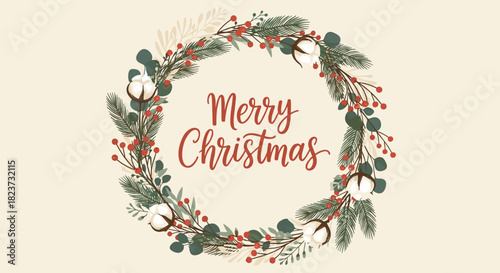 Merry christmas wreath with cotton flower and fir branch on beige background