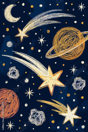 Hand drawn space objects with planets, comets, stars and moon on blue background 