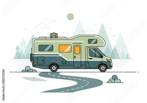 Illustrated Green and Blue RV on a Winding Road.