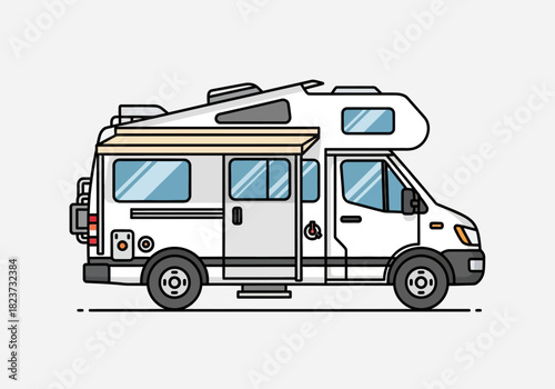 Illustrated White RV with Awning and Black Outlines.