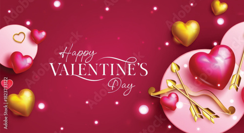A romantic Valentine's Day greeting with elegant text. Glossy pink and golden hearts, decorative arrows, and sparkling lights on a rich red background. Perfect for love.