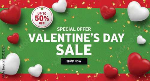 A vibrant Valentine's Day sale banner with up to 50% off. Red and white hearts, golden confetti, green and red background. Perfect for holiday discounts and more.