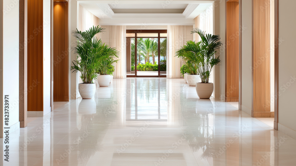 Fototapeta premium Lobby hall potted plant marble floor tropical view bright symmetry
