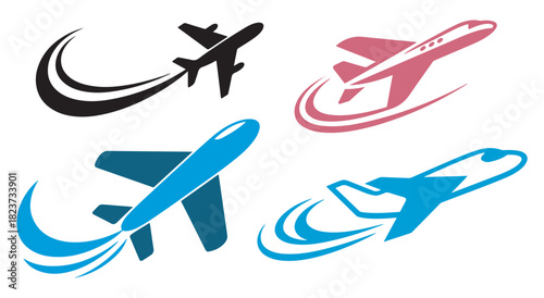 Stylized airplane designs with swoosh trails showcase travel and aviation concepts
