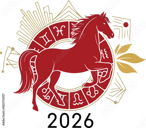 A red horse leaps inside a zodiac wheel with the year 2026 underneath