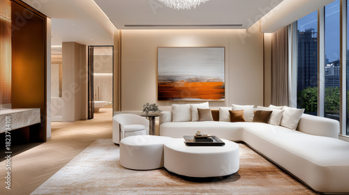 Modern living room sofa, abstract painting, chandelier, large window, neutral decor