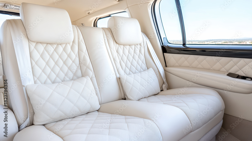 Obraz premium Luxury white leather car seat interior with quilted cushion comfort