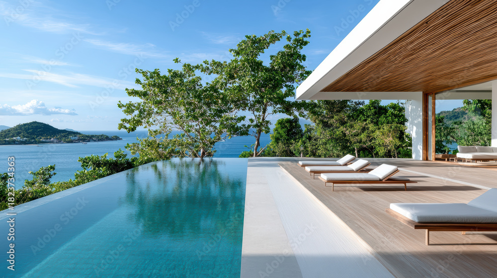 Fototapeta premium Infinity pool villa ocean view modern terrace lounge chairs relaxed luxury