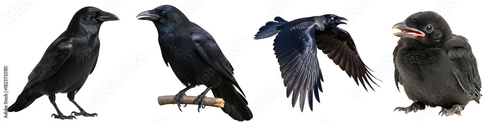 Fototapeta premium A collection of four corvus birds in various poses against a plain solid color backdrop on transparent background