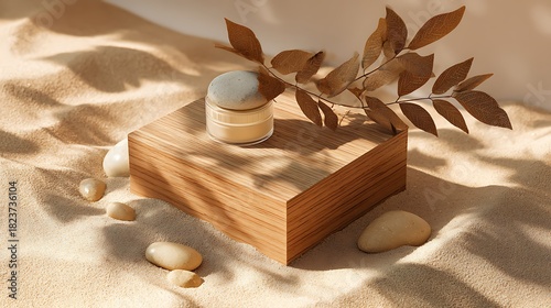 Natural cosmetic jar on wooden block with dried leaves and stones in sand