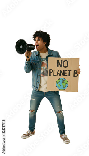 A young activist shouting into a megaphone holding a No Planet B sign