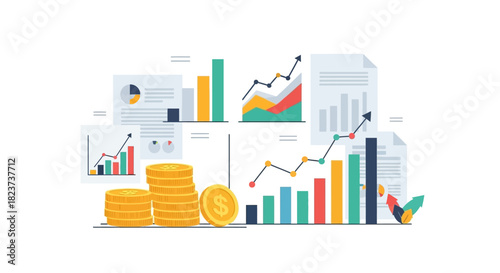 Financial analysis with charts graphs and coins representing business growth.