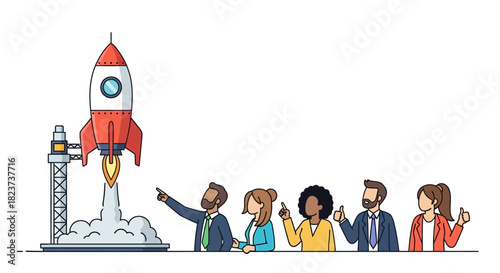 Diverse Team Watching Rocket Launch: Startup Success and Innovation.