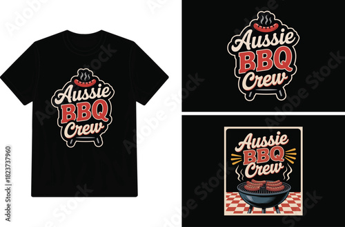 Black t-shirt mockup featuring an 'Aussie BBQ Crew' design with barbecue illustrations.