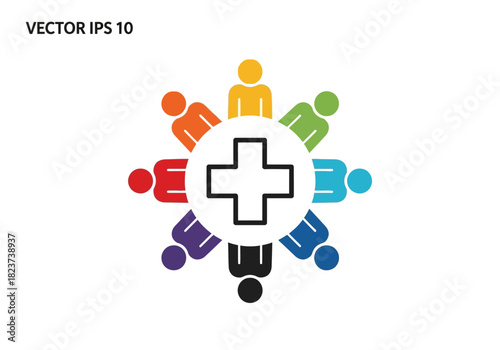 Colorful People Surrounding Medical Cross Symbol Teamwork and Healthcare Concept.