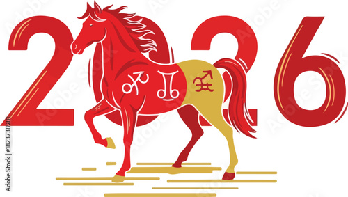 A red horse stands between the numbers 2026 Its decorated with astrological symbols