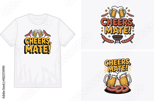 Cheers mate illustration of beer sausages and a grill on a white t shirt