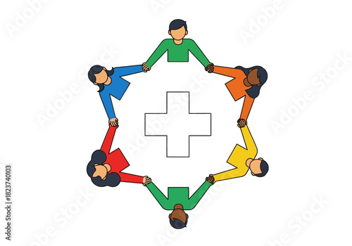 Diverse People Holding Hands Around a Medical Cross Illustration.