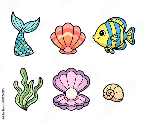 Mermaid tail, fish, shells, pearl, seaweed elements