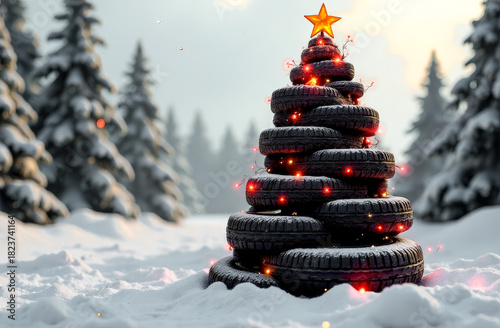 Christmas tree made of car tires on a blurry background with Christmas trees and yellow lights. A Christmas greeting card from an auto repair shop. free space for text