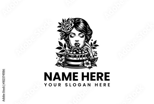 Elegant vector logo illustration of a beautiful woman with flowers and cake