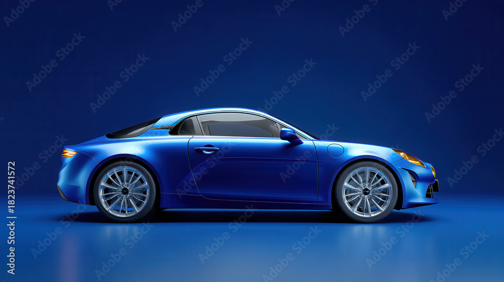 Obraz premium Blue sports car with sleek design and shiny alloy wheels on matching blue studio background