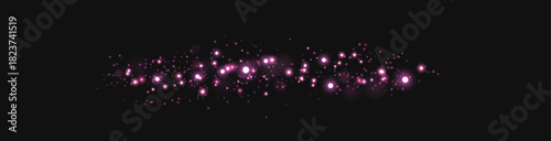 Pink glittering dots, particles, stars magic sparks. Glow flare light effect. Pink luminous points. Vector particles on black background.