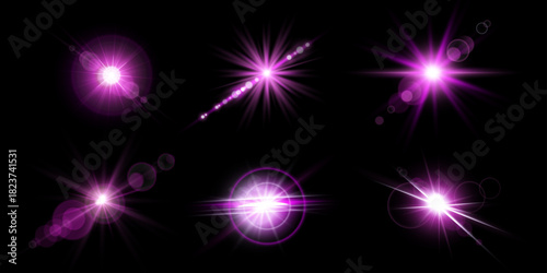 Pink lens flares set. Isolated on black background. Sun flash with rays or spotlight and bokeh. Pink glow flare light effect. Vector illustration.