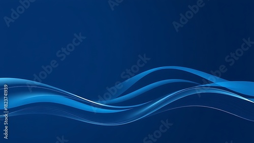 unanimity. Flowing wave patterns in deep blue with elegant curves and smooth gradients, minimalist aquatic scene. travel magazines, destination branding, designed for travel destination branding.