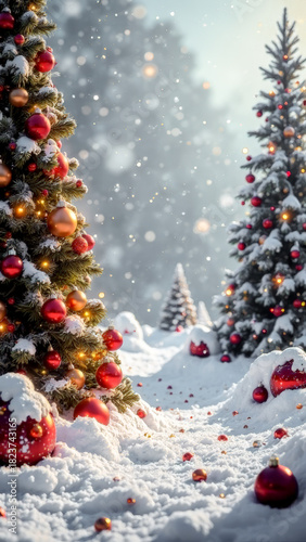 A 9*16 Christmas card layout with a winter landscape decorated with Christmas trees and snow. New Year's atmosphere. Christmas atmosphere