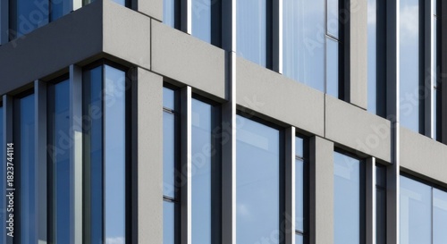 A modern office building with glass windows and a concrete facade.