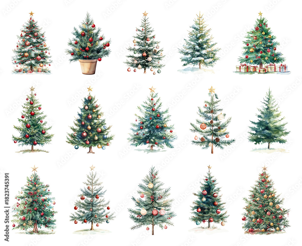 Obraz premium PNG Diverse festive Christmas trees illustrated, element set on transparent background