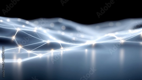 An abstract digital visualization of interconnected glowing nodes forming a network structure, with soft bokeh lights and reflections against a dark background.