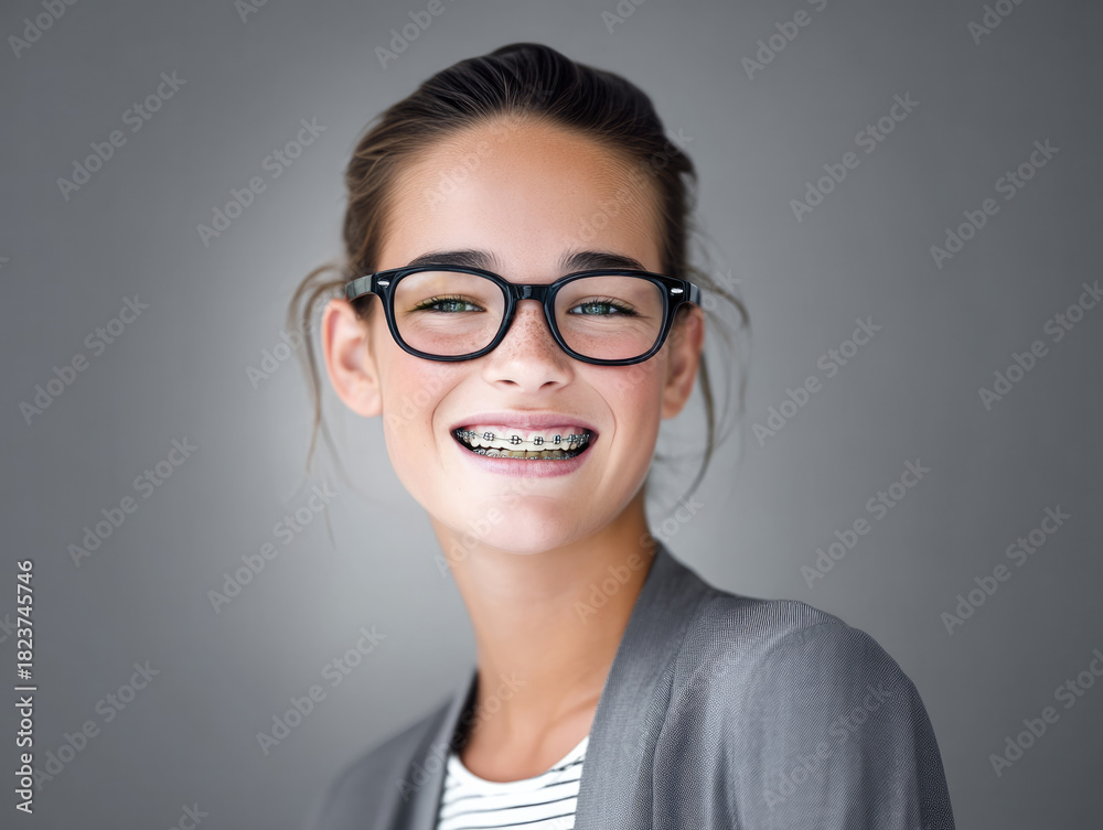 Fototapeta premium Young woman with glasses and braces smiling confidently, wearing striped shirt and gray jacket, neutral background, cheerful mood