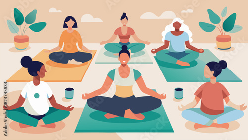 Group of diverse women practicing yoga together in a calm indoor space with mats, plants and relaxed atmosphere