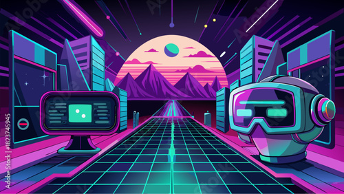 Futuristic cyberpunk landscape with robot head, neon city, grid road and retro sci-fi sunset in vibrant synthwave style