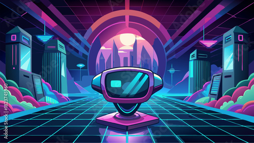 Futuristic robot in neon cyber city with glowing grid road, skyscrapers and colorful clouds in retro synthwave style
