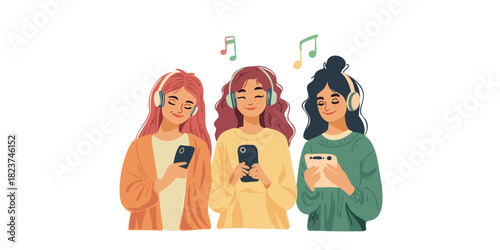 young women enjoying music and checking smartphone