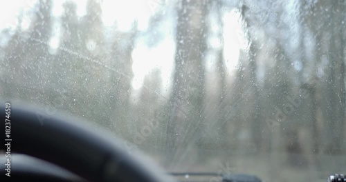 Car Windshield Wipers Sweeping Left Right Cleaning Glass Interior View, Washer Fluid Spraying from Nozzles with Sound, Automotive Maintenance Driving Safety Concept, Clear Vision Transport