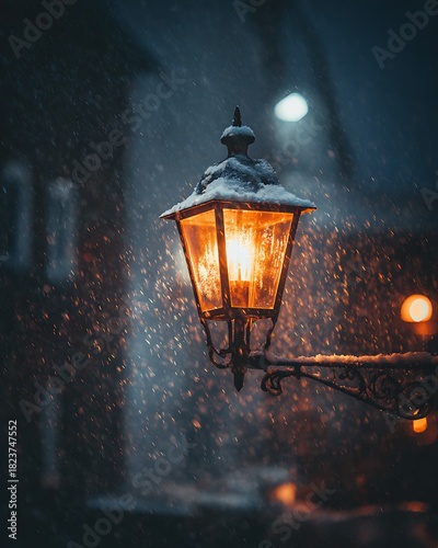 Vintage street lamp glowing warmly in heavy snowfall at night