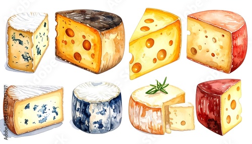Eight assorted cheese wedges and rounds, rendered in a vibrant, watercolor style with varying textures and colors