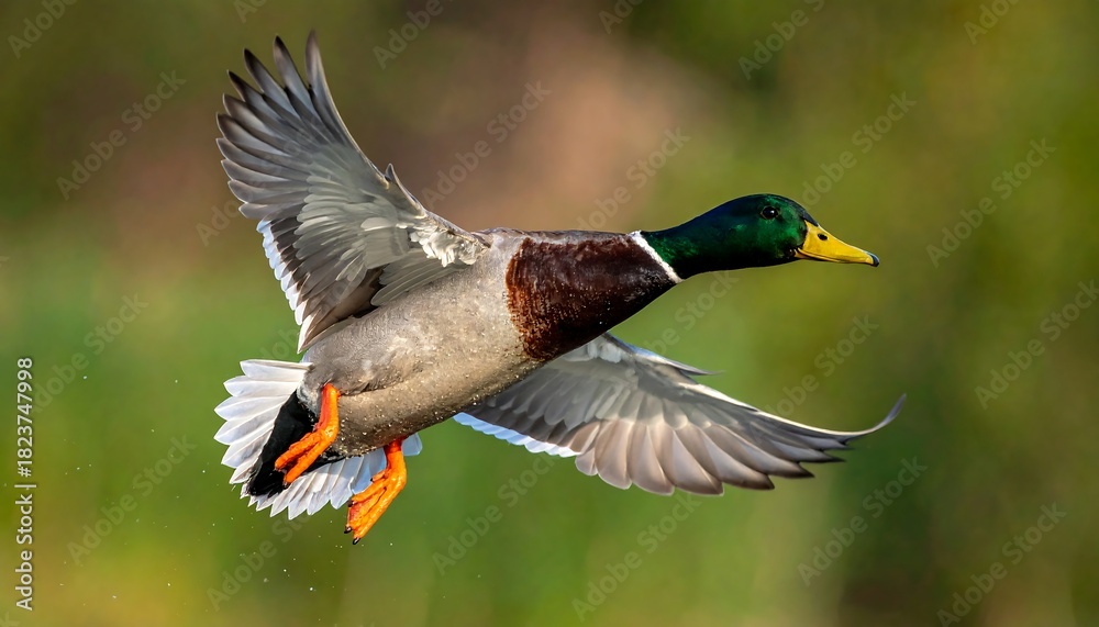 Obraz premium A vibrant mallard duck soars in flight against a soft, blurred background with wings spread gracefully